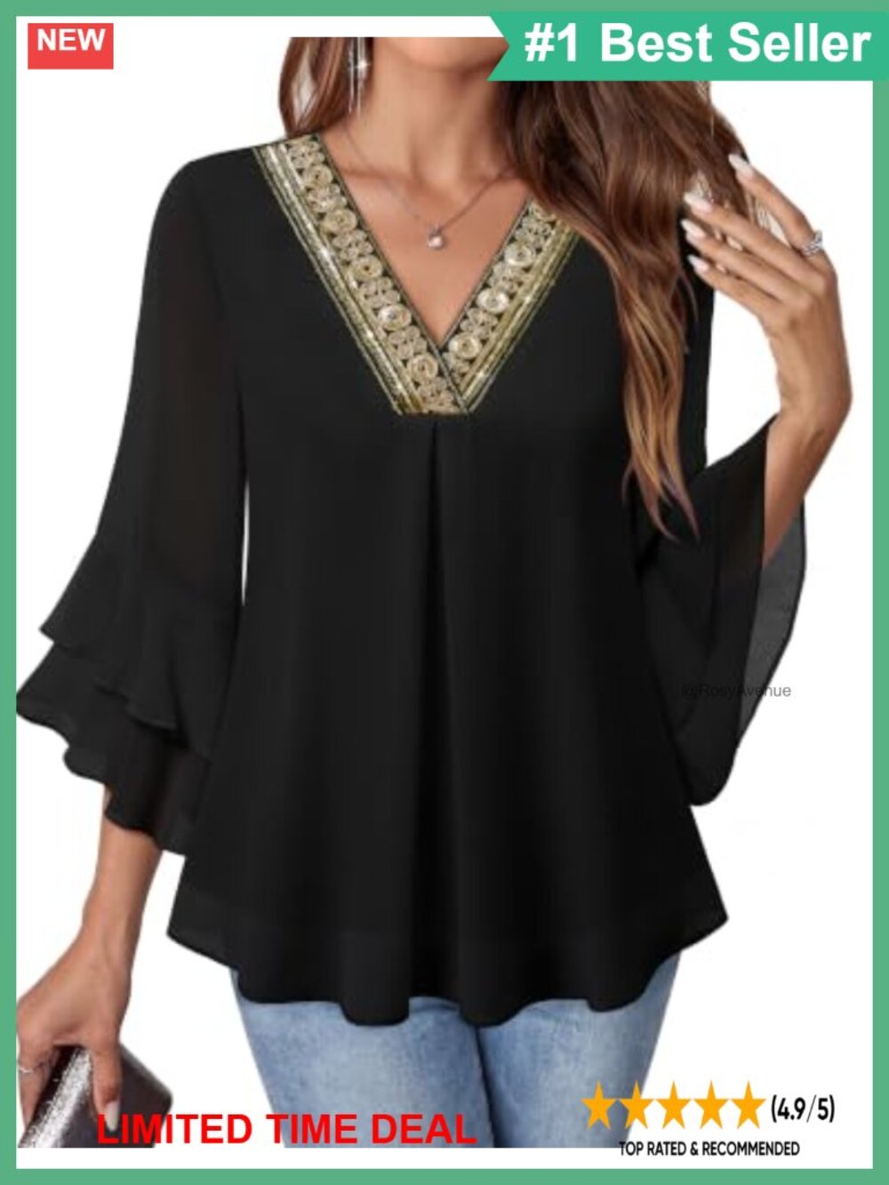 Women's Embroidered V-Neck Chiffon Blouse Ruffle 3/4 Sleeve Dressy Tunic